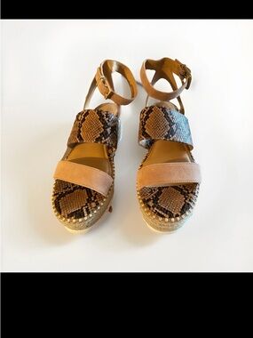 Crown Vintage Tan Leather Snake-Print Espadrille Platform Sandals EUC